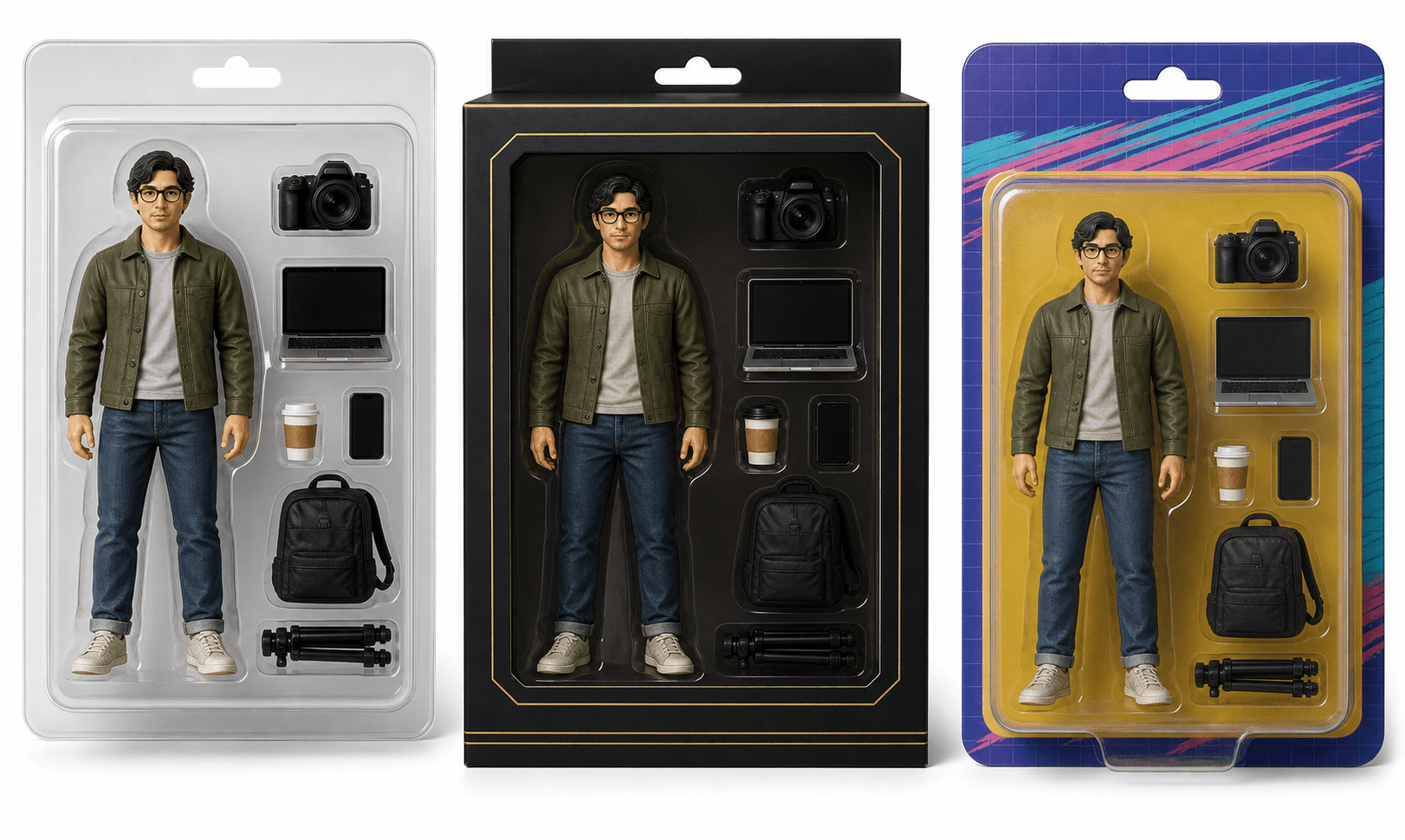 Real AI action figure package examples example for AI Action Figure Prompt
