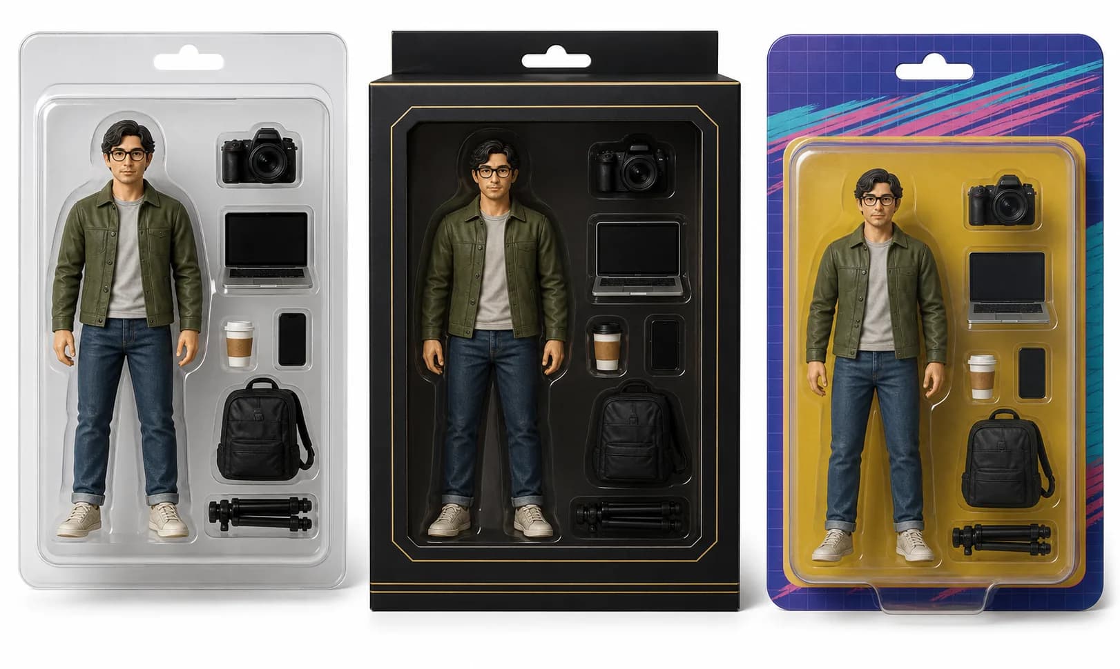 Real AI action figure package examples example for AI Action Figure Prompt