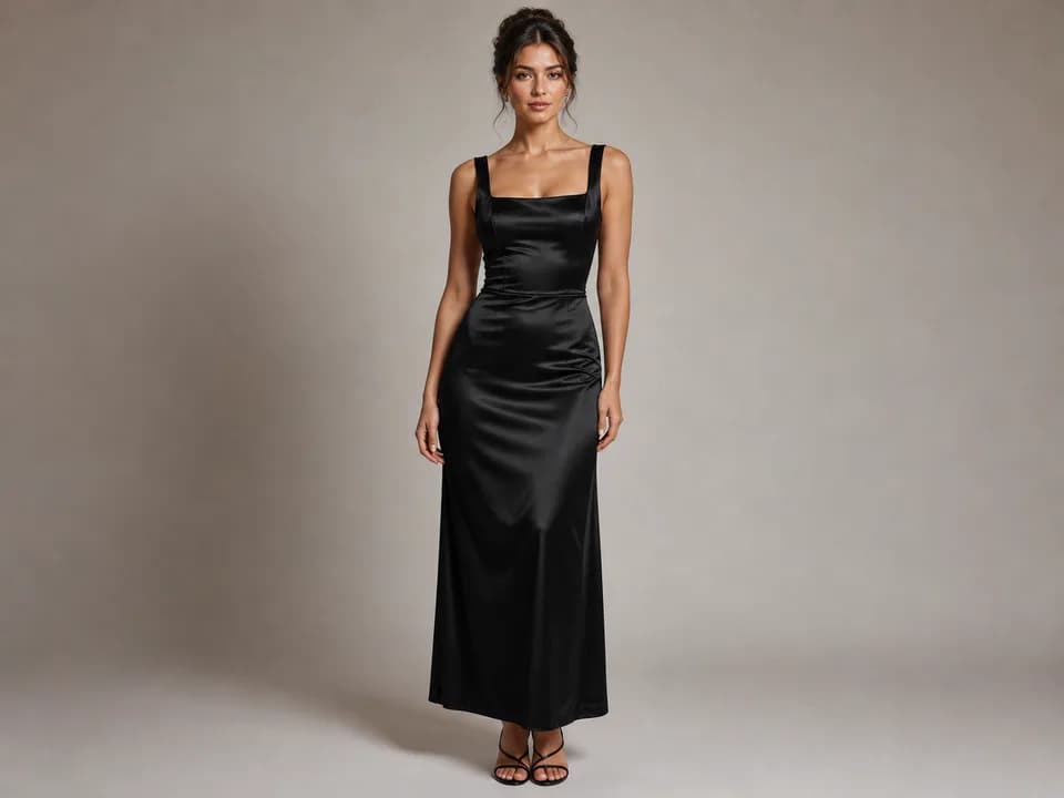Black satin evening dress example for AI Dress Change Prompt