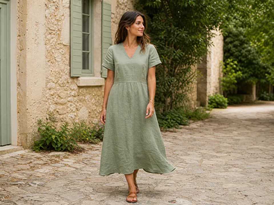Sage linen summer dress example for AI Dress Change Prompt