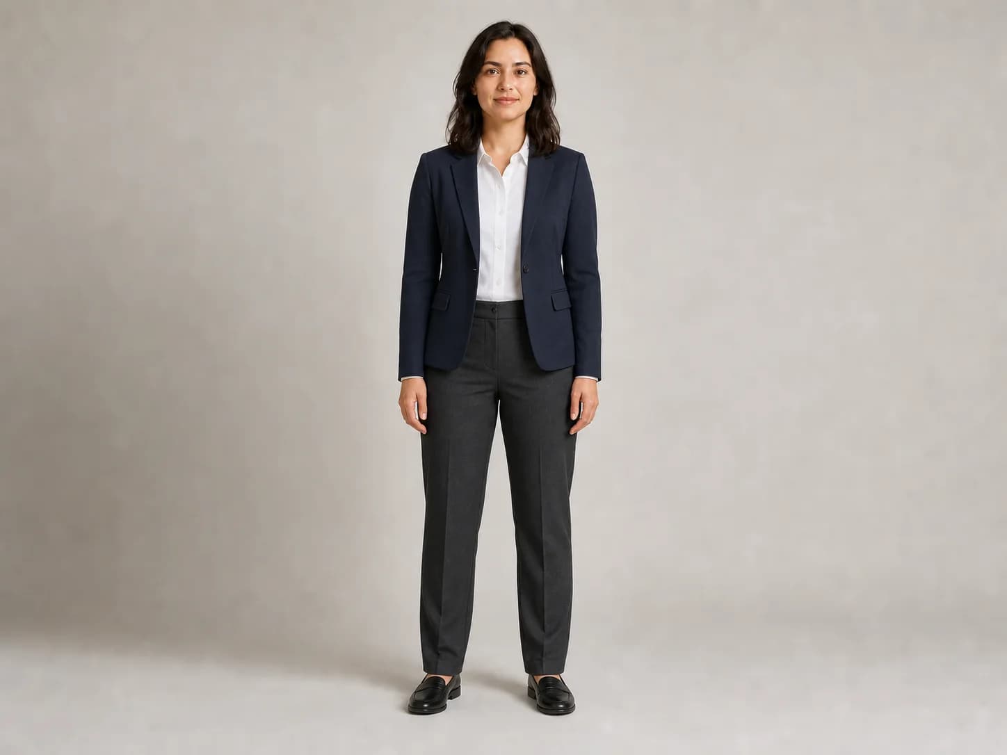 Result: business outfit only for Does clothing-only wording reduce unrelated changes? in the AI Photo Editing Prompt Benchmark