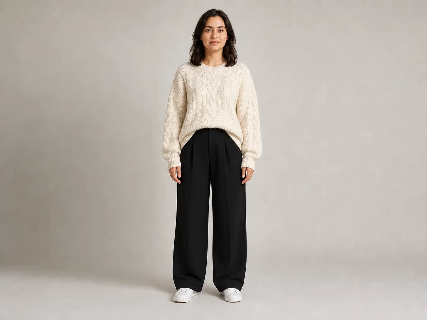 Result: oversized fabric, locked proportions for Can an oversized outfit avoid reshaping the body? in the AI Photo Editing Prompt Benchmark