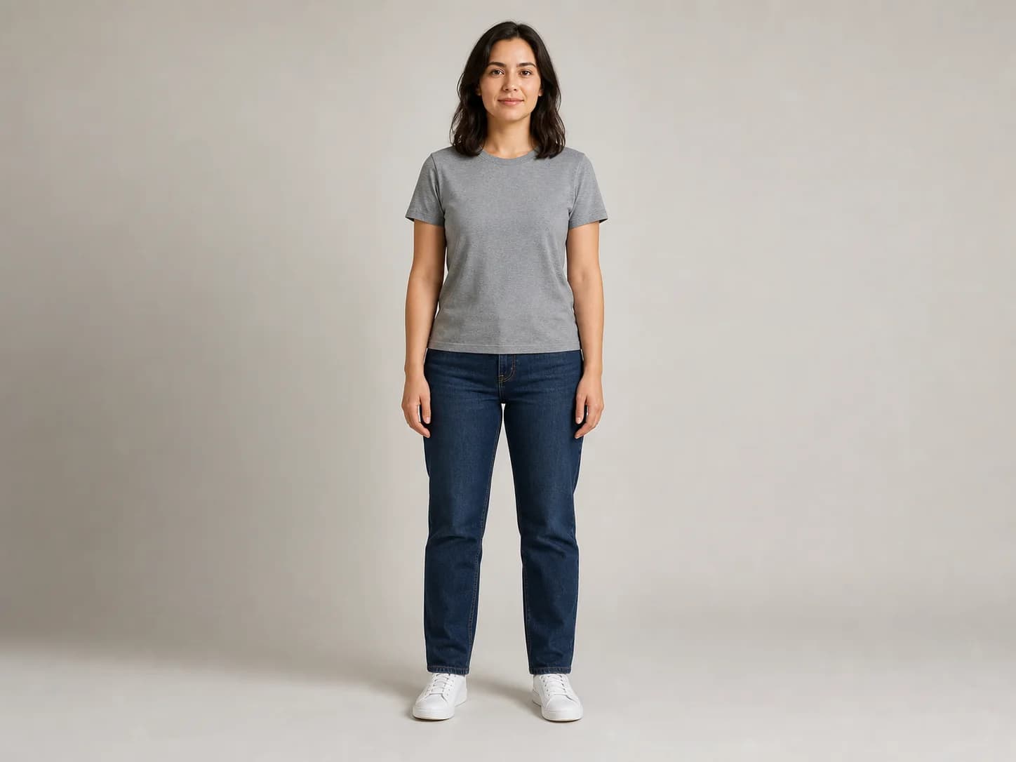Source: gray T-shirt and jeans for Does clothing-only wording reduce unrelated changes? in the AI Photo Editing Prompt Benchmark