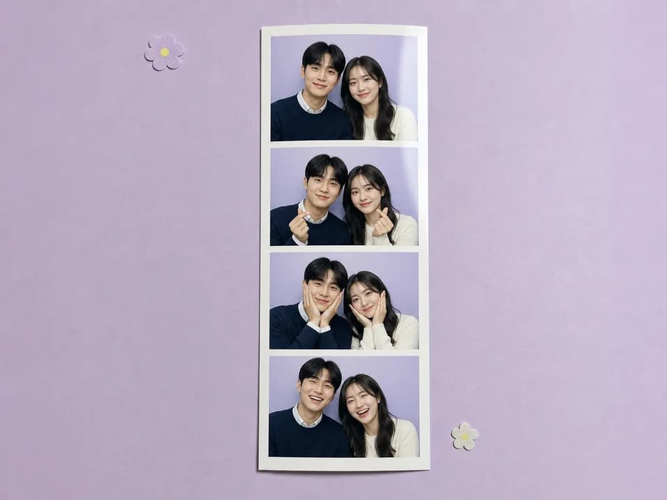 Couple lavender four-cut strip example for Korean Photobooth Prompt