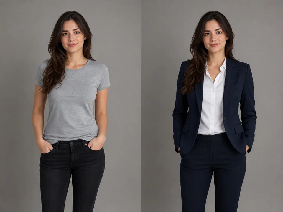 Same-face business outfit comparison example for Same Face Outfit Change Prompt