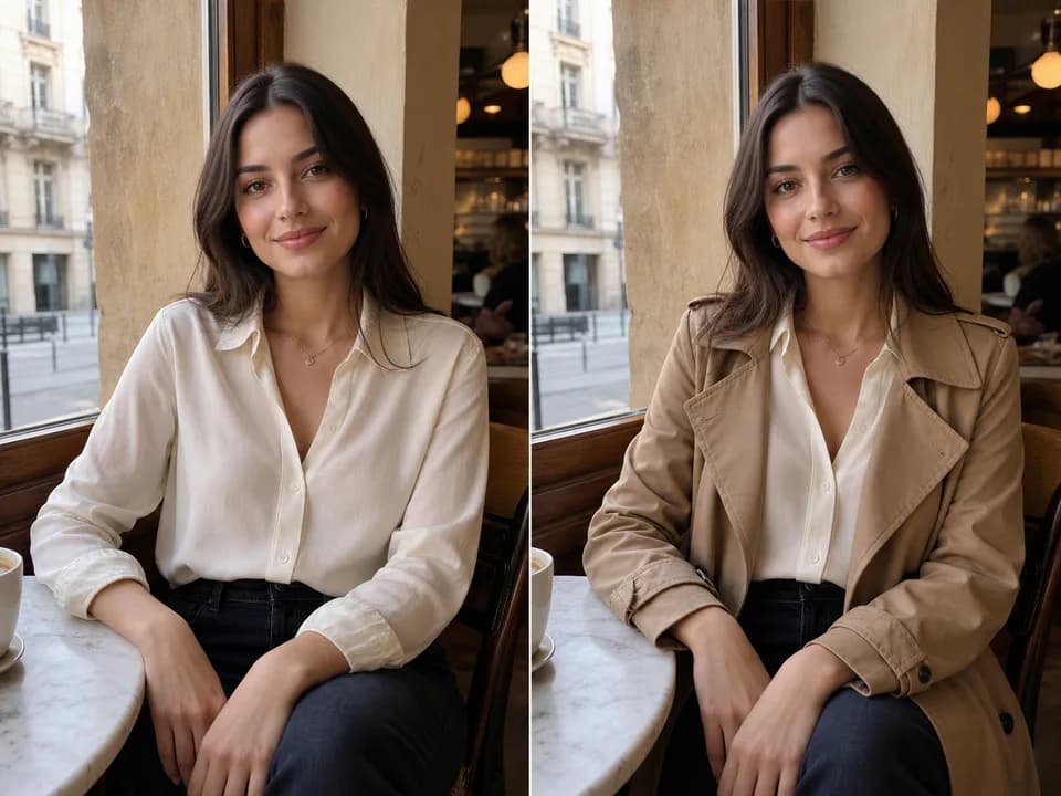 Same-face outerwear-only comparison example for Same Face Outfit Change Prompt