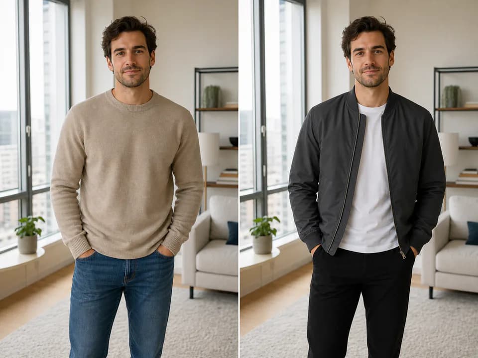 Same-face casual-to-streetwear comparison example for Same Face Outfit Change Prompt